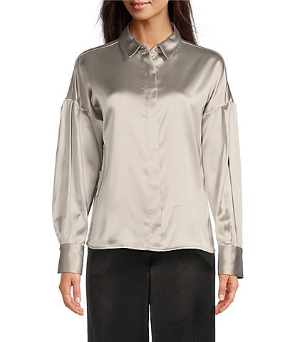 DKNY Silky Satin Collared Long Sleeve Button Up Shirt