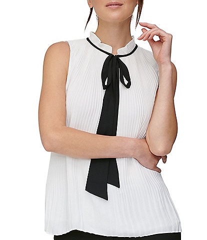 DKNY Sleeveless Pleated Georgette Mandarin Collar Tie Neck Top