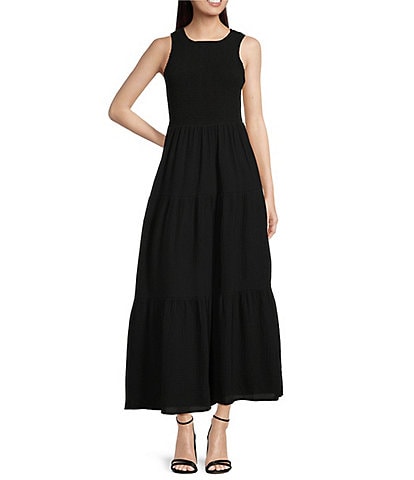 DKNY Smocked Crew Neckline Sleeveless Tiered A Line Maxi Dress