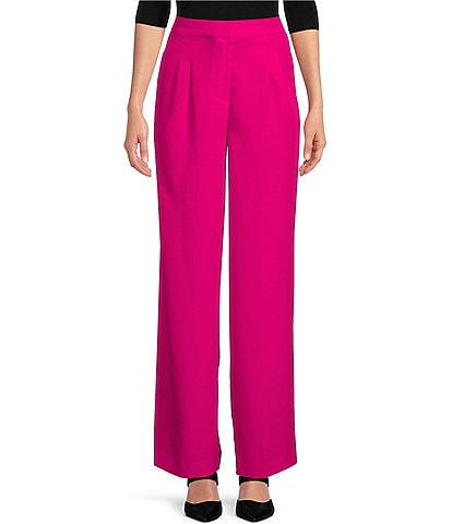 DKNY Solid Pleated High Waist Wide Leg Flat Front Pant
