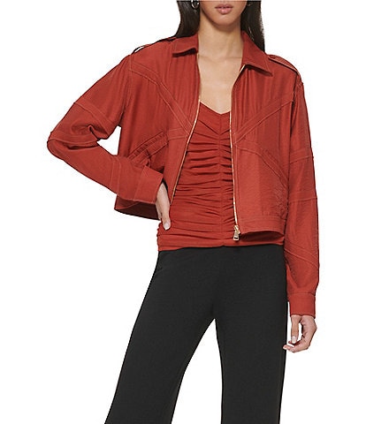 DKNY Solid Point Collar Long Sleeve Crinkled Front Zipper Jacket