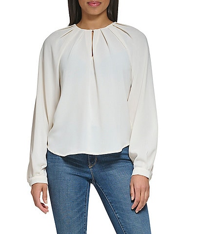 Solid Satin Twill Pleated Crew Neck Long Sleeve Blouse