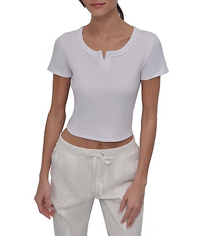 DKNY Sport by Donna Karan Ribbed Notched Crew Neck Short Sleeve Cropped Tee