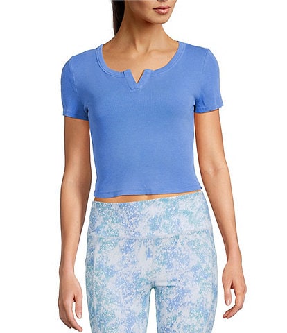 DKNY Sport by Donna Karan Ribbed Notched Crew Neck Short Sleeve Cropped Tee