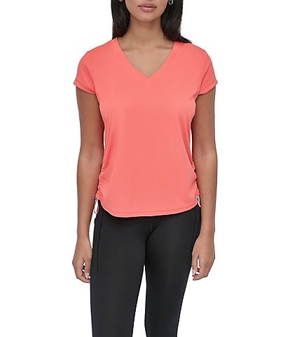 DKNY Sport by Donna Karan V Neck Short Sleeve Tech Ruched Side Seam Tee