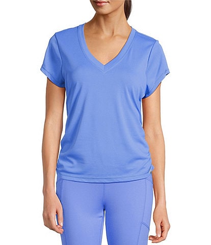 DKNY Sport by Donna Karan V Neck Short Sleeve Tech Ruched Side Seam Tee