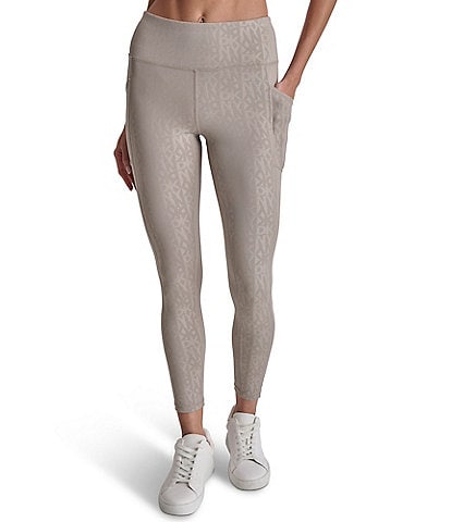 DKNY Sport by Donna Karan Embossed Interlock Grid Print High Waist Fitness Pull-On Tights