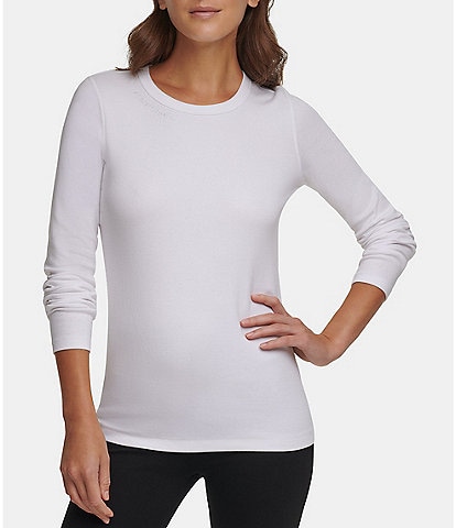DKNY Sport Knit Jersey Cotton Blend Long Sleeve Logo Embroidered Tee