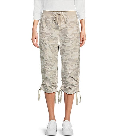 DKNY Sport Peached Poplin Ribbed Waist Camo Print Convertible Cinched Cargo Capri Pull-On Pant
