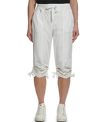 DKNY Sport Peached Poplin Ribbed Waist Convertible Cinched Cargo Capri Pull-On Pant