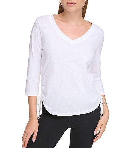 DKNY Sport Solid V-Neck 3/4 Sleeve Side Ruching Tee