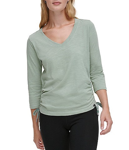 DKNY Sport Solid V-Neck 3/4 Sleeve Side Ruching Tee