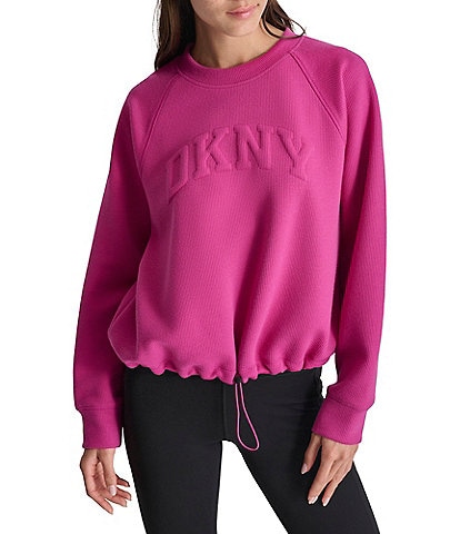 DKNY Sport by Donna Karan Solid Varsity Place Puff Logo Crew Neck Bungee Cord Pullover