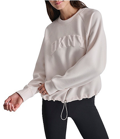 DKNY Sport by Donna Karan Solid Varsity Place Puff Logo Crew Neck Bungee Cord Pullover