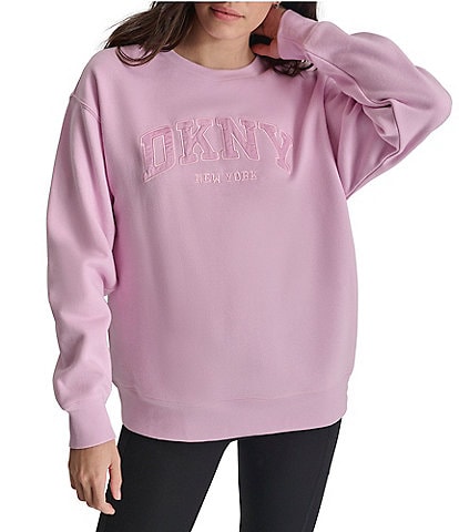 DKNY Sport Varsity Satin Applique Satin Long Line Crew Neck Pullover