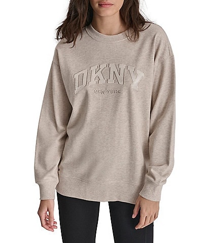 DKNY Sport Varsity Satin Applique Satin Long Line Crew Neck Pullover