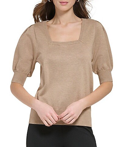 DKNY Square Neck Short Puffed Sleeve Blouse