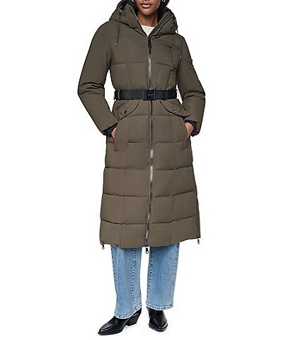 DKNY Stand Collar Attached Hooded Belted Zip Front Long Puffer Jacket