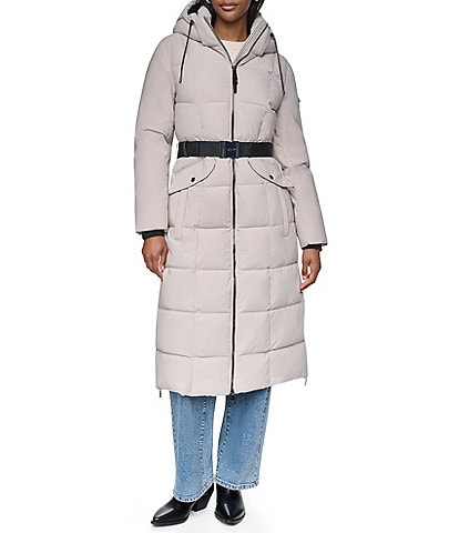DKNY Stand Collar Attached Hooded Belted Zip Front Long Puffer Jacket