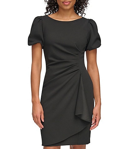 DKNY Stretch Crepe Boat Neckline Short Puff Sleeve Ruched Front Sheath Dress