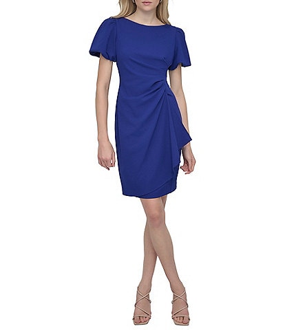 DKNY by Donna Karan Stretch Crepe Boat Neckline Short Puff Sleeve Ruched Front Sheath Dress