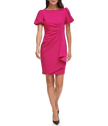 DKNY Stretch Crepe Boat Neckline Short Puff Sleeve Ruched Front Sheath Dress