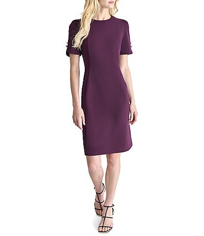 DKNY by Donna Karan Stretch Crepe Round Neckline Short Button Sleeve Sheath Dress