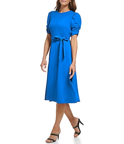 DKNY Stretch Crew Neck Short Ruched Sleeve Fit and Flare Midi Dress