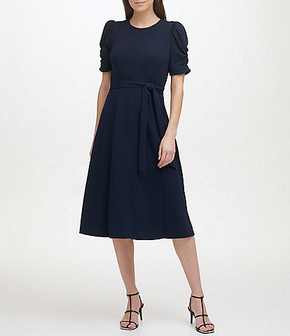 Stretch Crew Neck Short Ruched Sleeve Fit and Flare Midi Dress