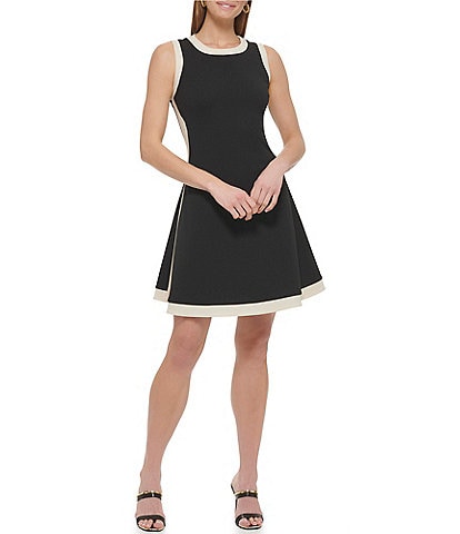 DKNY Stretch Crew Neck Sleeveless Contrasting Trim Fit and Flare Dress