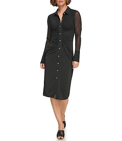 DKNY Stretch Mesh Collared Neckline Long Sleeve Ruched Midi Dress