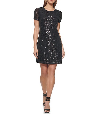 DKNY Stretch Sequin Jewel Neck Short Ruched Sleeve Dress