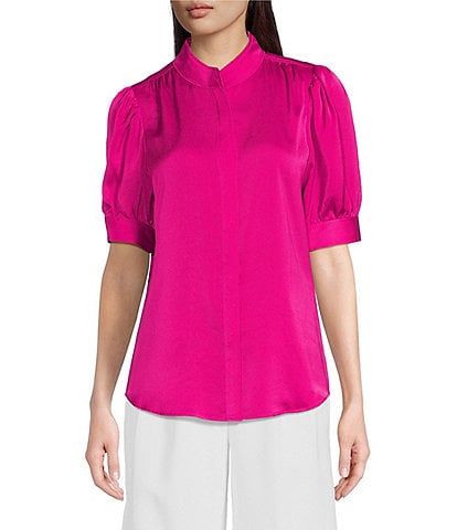 DKNY Suede Satin Puff Short Sleeve Button-Front Blouse