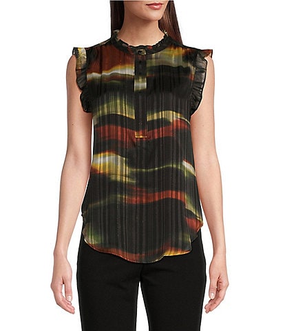 DKNY Sueded Satin Ruffle Trim Mock Neck Sleeveless Top