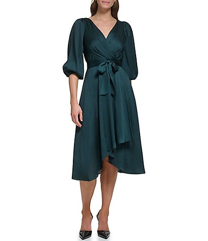 DKNY Surplice V-Neck Elbow Balloon Sleeve Wrap Tie Waist Tulip Hem Midi Dress