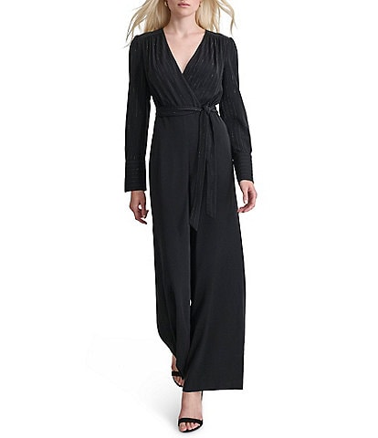 DKNY Surplice V-Neck Long Sleeve Tie Front Wide Leg Jumpsuit