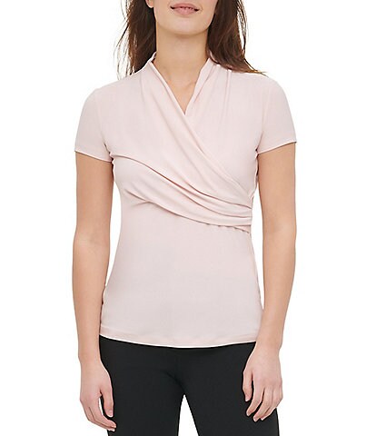 DKNY Surplice V-Neck Side Ruched Short Sleeve Top