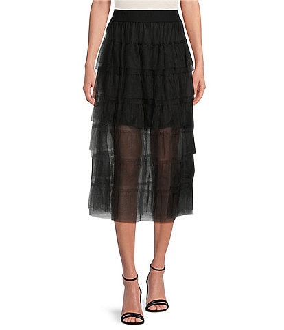 DKNY Tiered Ruffle Tulle Midi Skirt