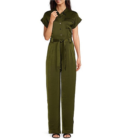 DKNY by Donna Karan Utility Glazed Point Collar Short Sleeve Button Front Jumpsuit