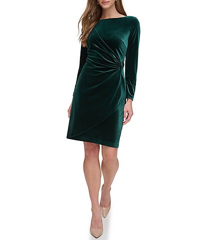 DKNY Velvet Boat Neck Long Sleeve Faux Wrap Gold Hardware Mini Dress