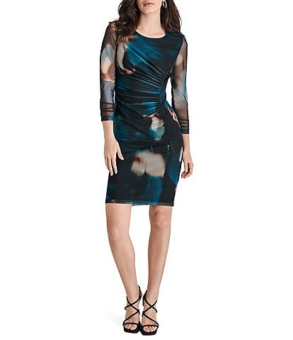 DKNY Watercolor Print Mesh Sheath Round Neck Mesh Long Sleeve Ruched Bodice Dress