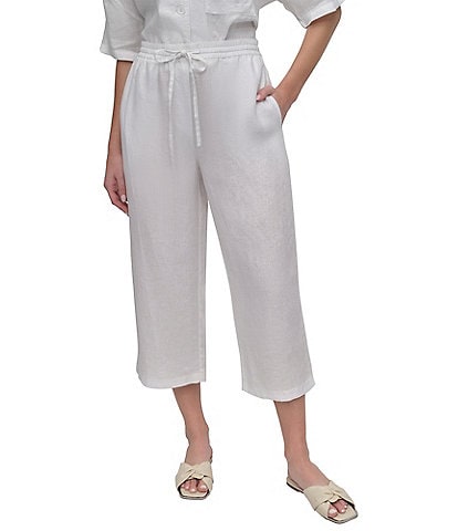 DKNY by Donna Karan Wide Leg Drawstring Woven Linen Blend Coordinating Pocketed Pants