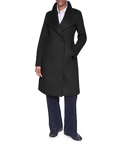 DKNY Wool Blend Asymmetrical Neck Trim Button Front Single Breasted Coat