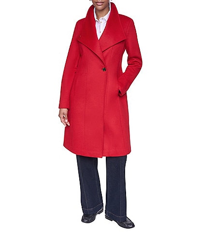 DKNY Wool Blend Asymmetrical Neck Trim Button Front Single Breasted Coat