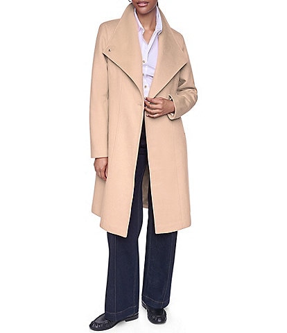 DKNY Wool Blend Asymmetrical Neck Trim Button Front Single Breasted Coat