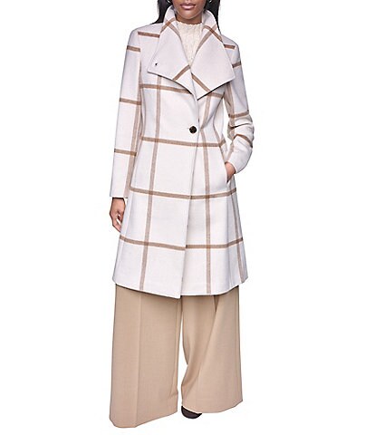 DKNY Wool Blend Asymmetrical Neck Trim Button Front Single Breasted Coat