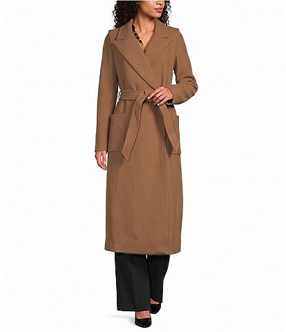 DKNY Wool Blend Peak Lapel Collar Belted Button Front Trench Coat