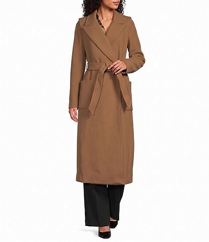 DKNY Wool Blend Peak Lapel Collar Belted Button Front Trench Coat