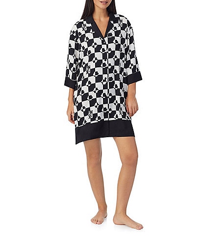 DKNY Woven Check Print Notch Collar 3/4 Sleeve Side Pocket Button Front Sleep Shirt