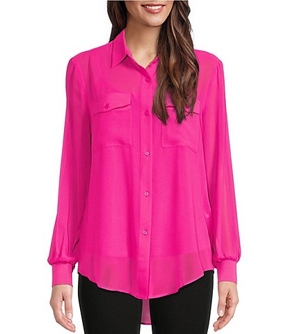 DKNY Woven Chiffon Button Down Collared Blouse